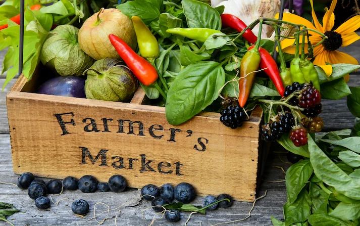 Image of wooden crate with fresh produce from market in Fernwood Victoria BC