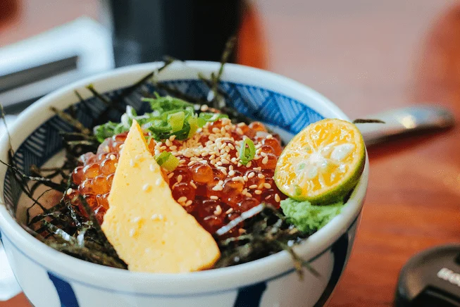 Image of an authentic japenese dish: Salmon Roe Donburi from Kappo Marta in Fernwood Victoria BC