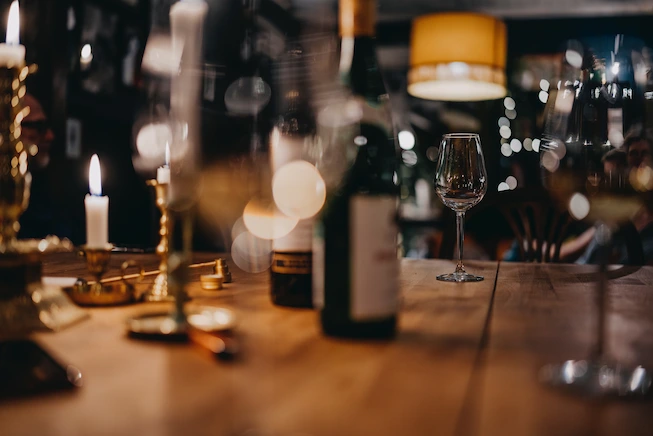 Image of wine glasses on restaurant table at Stage Wine Bar in Victoria BC